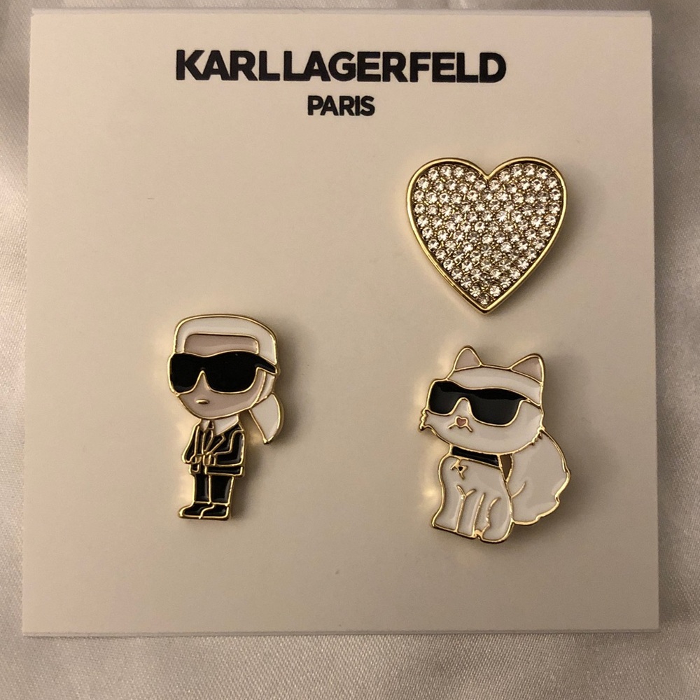 Karl Lagerfeld Paris 3PC Lapel Pin Set Karl, Choupette & Crystal Heart NEW - Picture 3 of 11